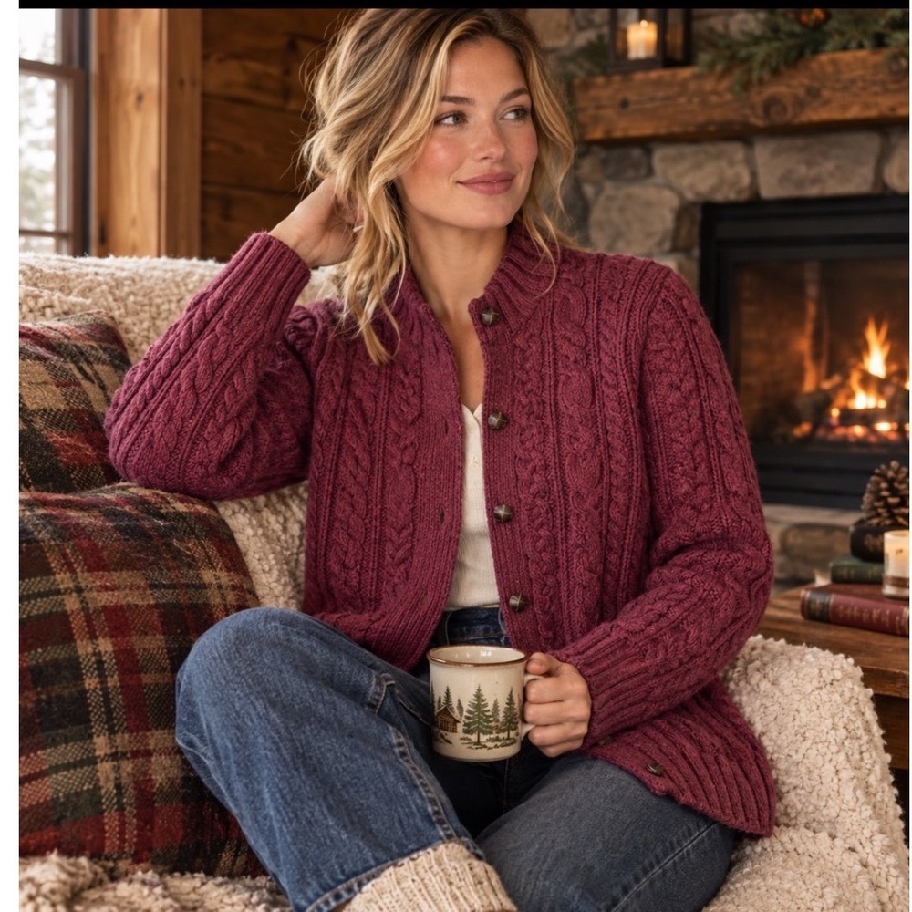 Duluth Trading Co Fisherman Cardigan Women XL Plum NWT Wool Cashmere Cable Knit